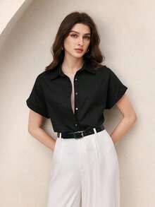 Nueva llegada Camisa casual de manga corta con botones delanteros de unicolor, adecuada para uso diario, primavera/verano - Negro - Ver 2