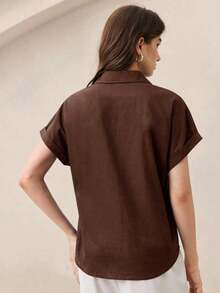 Nueva llegada Camisa casual de manga corta con botones delanteros de unicolor, adecuada para uso diario, primavera/verano - Café integral - Ver 6
