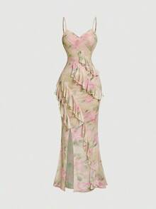 Vestido largo con abertura alta, cuello en V y volantes, con estampado de teñido anudado, vestidos de verano para mujer, vestidos en tonos pastel, vestido de fiesta, atuendo de fiesta, vestido de playa, atuendos de playa para mujer, vestidos ele - Multicolor 3 - Ver 2