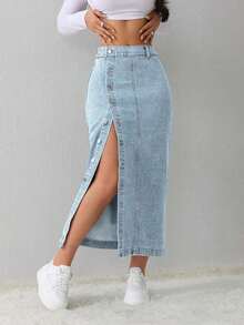 Tall Falda vaquera de mujer, casual, suelta, con abertura lateral, falda midi azul, falda larga para mujeres, falda azul claro, falda azul, ropa de invierno para mujer - Lavado ligero 2 - Ver 7