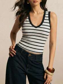 Camiseta de tirantes casual a rayas para mujer, de verano - Blanco y Negro - Ver 9