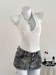Moderno top sólido con diseño calado, cuello halter y escote en V para mujer - Blanco - Ver 6