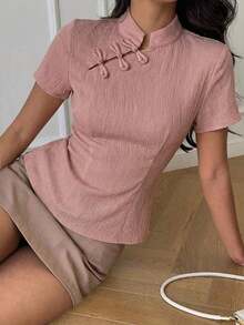 Blusa de cuello Mao de manga corta con cintura ceñida, estilo chino nuevo en color albaricoque, nuevo diseño de primavera/verano para mujer - Rosa vieja - Ver 4