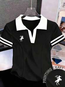 Camiseta de mujer casual de manga corta con cuello polo, estampado de caballero a rayas y contraste de color - Negro - Ver 6