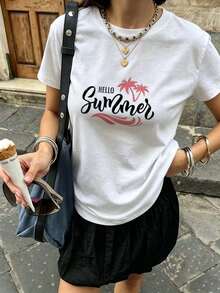 Camiseta para Mujer Blanca con Estampado de Palmeras y Frase "Hello Summer", Cuello Redondo de Manga Corta, Top Casual Básico para Verano, Ropa Cómoda de Mezcla de Algodón, Ajuste Regular para Playa, Vacaciones y Salidas Diarias - Blanco - Ver 1