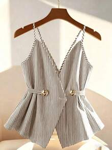 Camiseta sin tirantes casual de mujer con decoración de botones a rayas - Café integral - Ver 7