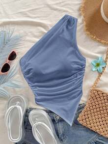 asimétrica con hombro descubierto de color amarillo pálido, adecuada para vacaciones de verano - Multicolor 5 - Ver 9