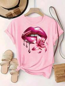 Labios Rosados con Estampado de Lirios |     Diseño Romántico y Elegante, Camiseta Deportiva Casual de Manga Corta con Cuello Redondo para Mujer, Top Cómodo - Negro - Ver 8