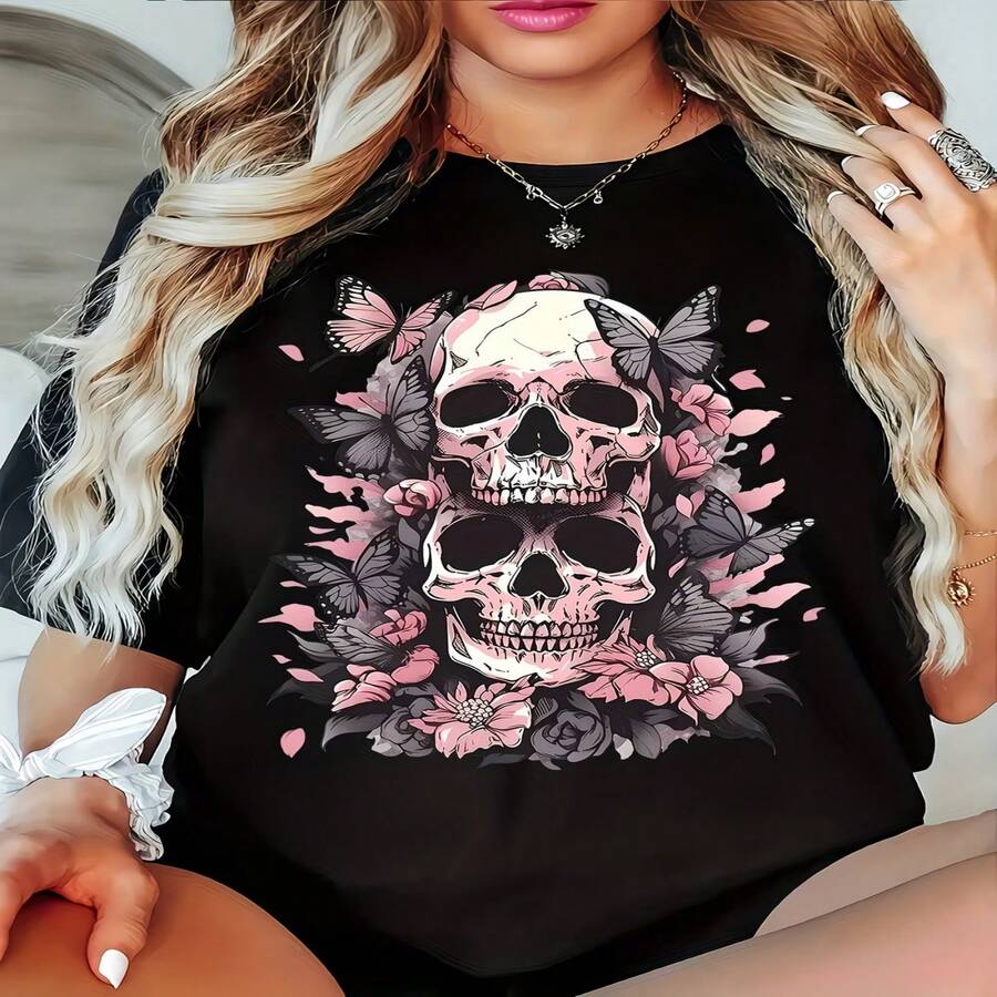 Women's Casual Cotton Skull Butterfly Floral Print T-Shirt Short Sleeve Round Neck Regular Fit Top for Everyday Wear - Negro - Ver 1