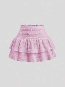 Falda mini casual y de resort Y2K con dobladillo de doble capa y ribete de volantes de unicolor - Rosado Sandía - Ver 1