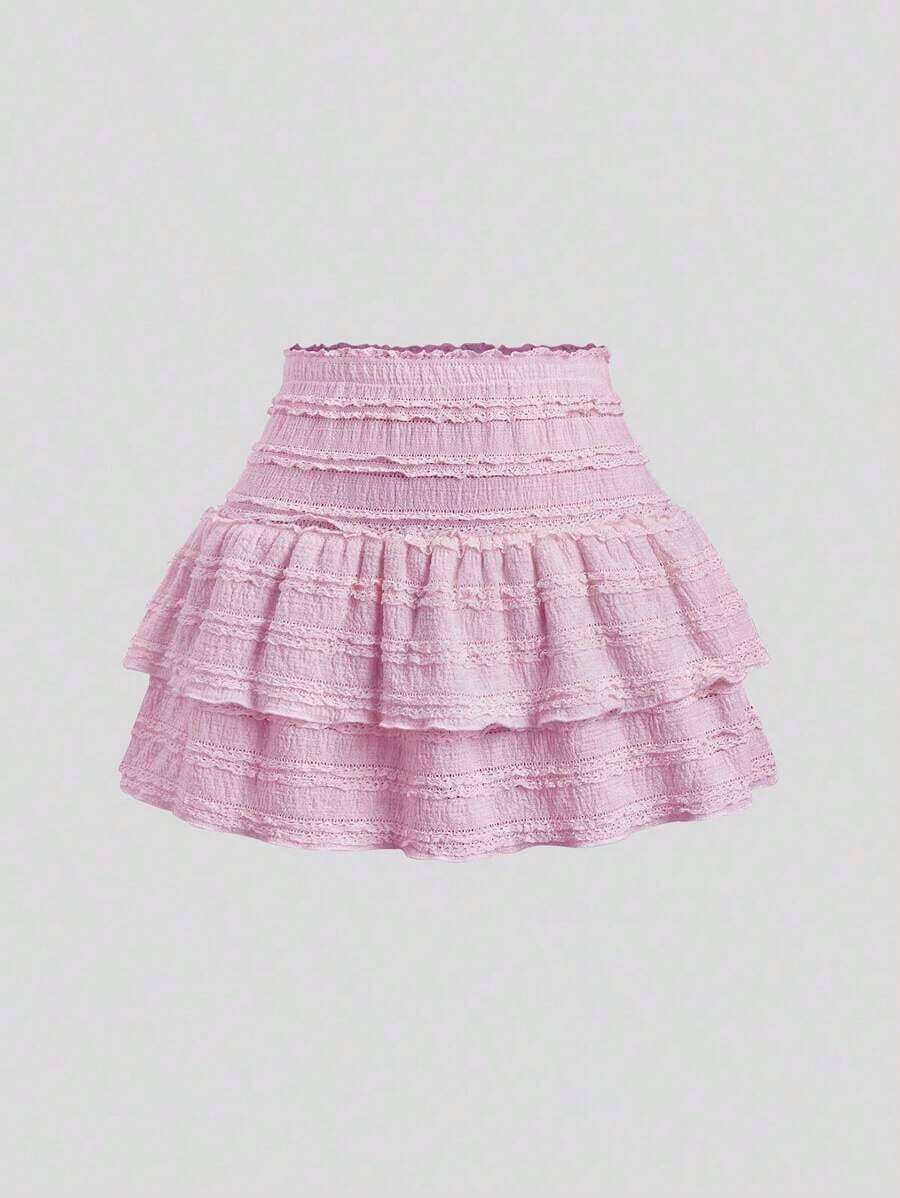 Falda mini casual y de resort Y2K con dobladillo de doble capa y ribete de volantes de unicolor - Rosado Sandía - Ver 1