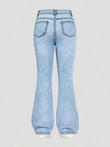 Explorewe Jeans de mezclilla estilo Y2K versátiles lavados y desgastados con pierna acampanada y elásticos para niñas adolescentes - Azul lavado medio 3 - Ver 2