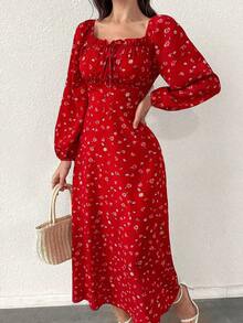 Vestido largo con cuello cuadrado, mangas farol y estampado floral para mujer - Rojo - Ver 6