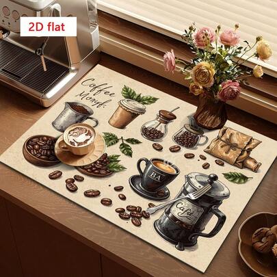 1pc Vintage Coffee Bean & Pour Over Coffee Maker Illustration Absorbent Drying Mat, Brown Tone Natural Elements Suitable For Dining Table And Cafe, Multipurpose Drainage Mat, Home Gift, Desktop Decor
