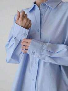 -Less Camisa de mujer de manga larga de un solo pecho, de unicolor, de hombros caídos, para uso casual y de negocios - Celeste - Ver 6