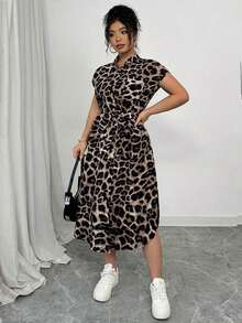 Elenzya Vestido casual de primavera/verano de largo midi con diseño elegante, cuello de camisa estampado de leopardo, mangas raglán, cinturado, lazo, botones de madera y versátil para club para mujeres de talla grande - Multicolor 2 - Ver 6