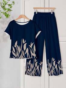 2 piezas Conjunto de camisa y pantalones casuales con estampado de plantas para mujer, primavera/verano, casual - Multicolor 2 - Ver 1