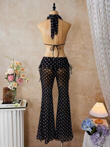 Conjunto de bikini primavera/verano 2026 para mujer, conjunto de bikini de lunares blanco y negro estilo vintage francés combinado con pantalones de malla de pierna ancha sexy y elegante, accesorio de pañuelo de cabeza a la moda, conjunto de playa y traje de baño para mujer, adecuado para vacaciones en la playa y fiestas en la piscina - Negro - Ver 6