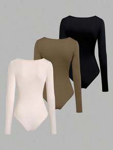 Sweetro Set de 3 bodys de manga larga para mujer en color albaricoque, marrón café y negro, de ajuste ceñido y estilo minimalista y versátil para el día a día - Multicolor 7 - Ver 2