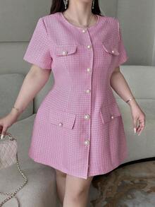 Vibekara Vestido de verano elegante de talla grande con cuello redondo, manga corta y botones delanteros - Rosa - Ver 3