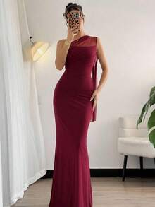 Vestido maxi ajustado de estilo elegante y romántico con cuello asimétrico, adecuado para fiesta, vacaciones en la playa, vuelta al colegio, citas románticas, temporada de bodas, cumpleaños, Pascua, primavera/verano - Burdeos - Ver 4