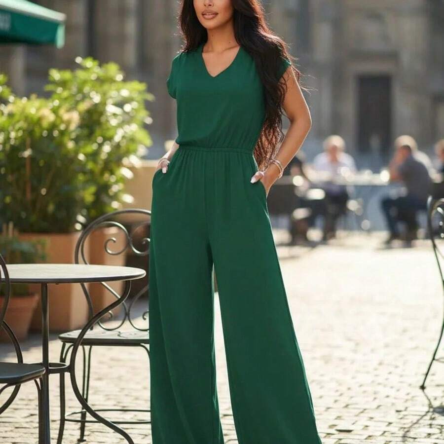 Women's Palazzo Jumpsuit - Comfortable, High Quality, Perfect For Everyday Wear - 墨綠色 - 查看 1