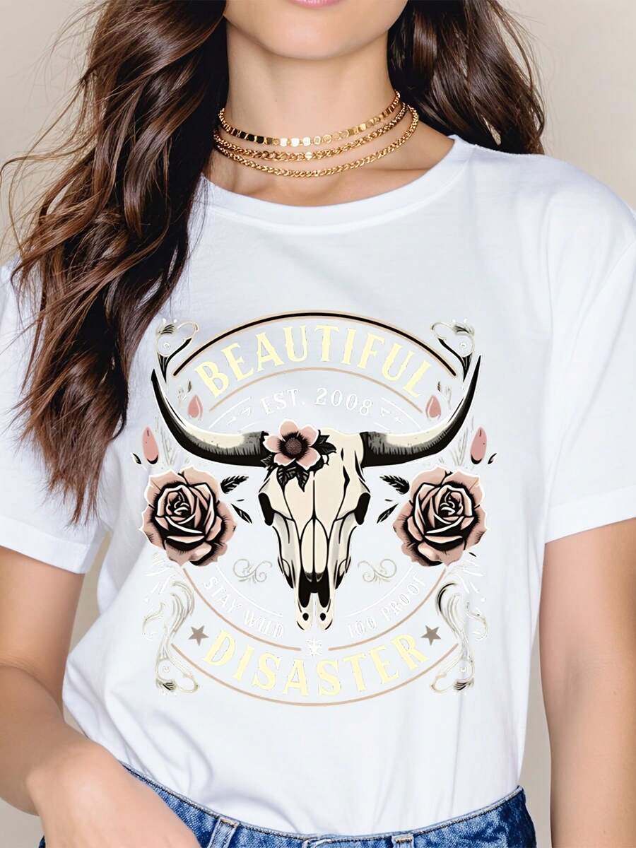 Beautiful Disaster Bull Skull Rose Graphic T-Shirt Women Casual Short Sleeve Top Boho Western Style Fashion Shirt - trắng - Xem 1