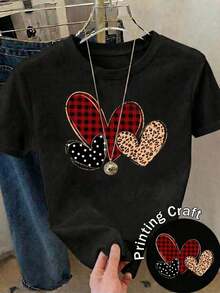 Womens Casual Polyester Round Neck Short Sleeve-Shirt with Heart Print blusas para mujer playeras de mujer blusas casuales para dama - Negro - Ver 10
