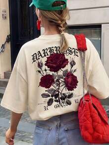 Camiseta de mujer con estampado rosa oscuro, ideal para otoño. Cómoda, de manga corta y cuello redondo. Tejido ligeramente elástico. - Albaricoque - Ver 7