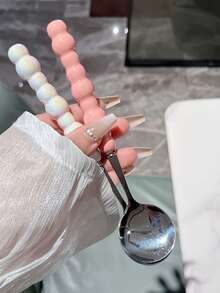 Elegant Stainless Steel Soup Spoon, Imitation Pearl Porcelain Handle, Oval Long Design,Reusable Dinner Spoon Perfect For Rice, Soup, Home Dining, Kitchen, Banquet And Daily Meal Use, Stylish Tableware Decor - Multicolor - View 10
