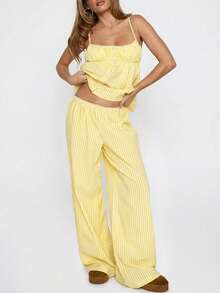 Sexy Camisole Top With Button Design, Sleeveless Striped Top And Wide Leg Pants Set, Home Wear, Photography, Vibrant Graduation Season, College Style, Spring/Summer New - Yellow - View 1