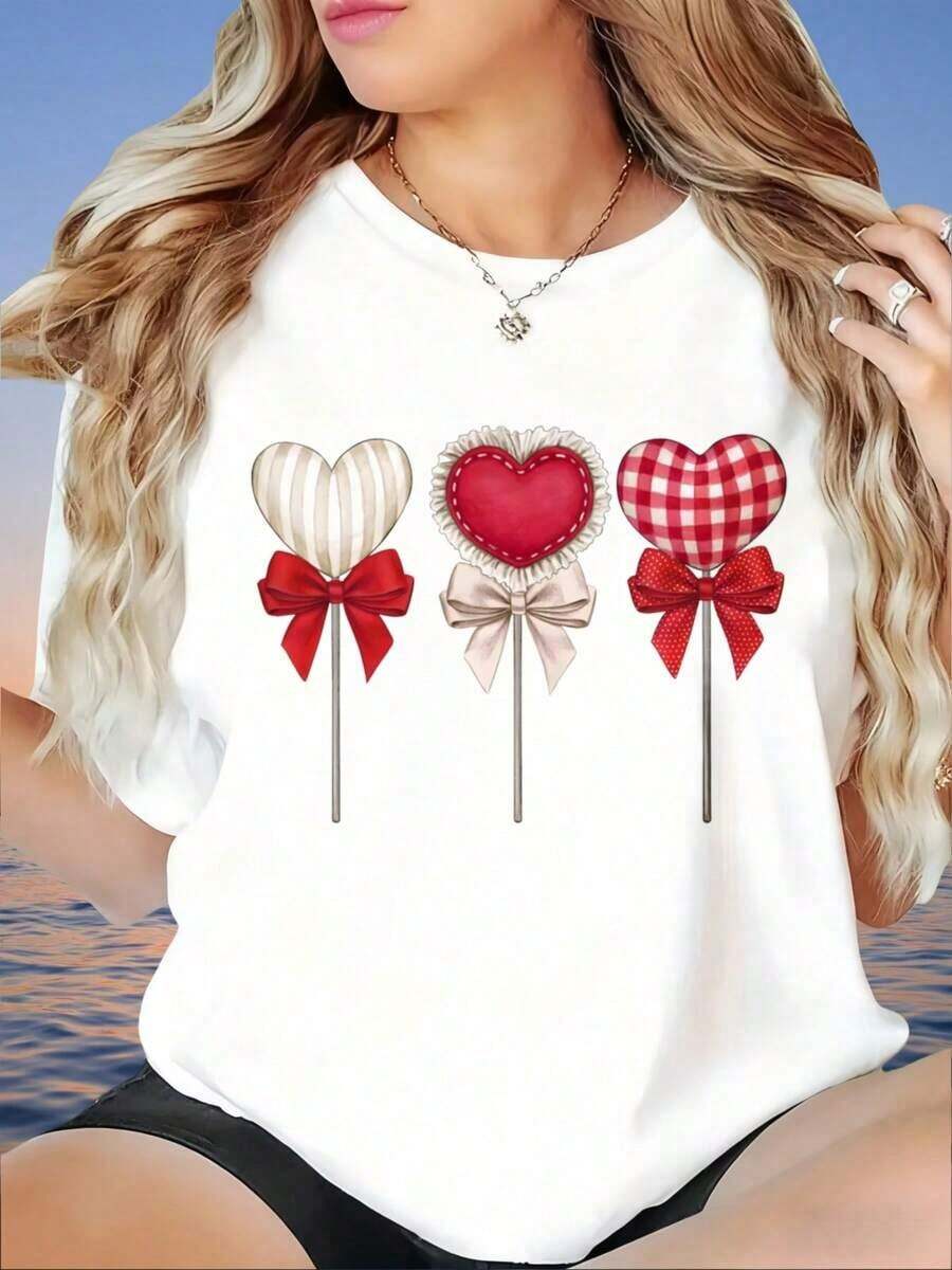 Camiseta Casual para Mujer con Diseño Vintage de Corazón y Piruleta, Camiseta con Estampado Gráfico Lindo para el Día de San Valentín, Camiseta de Moda para Verano, Estampados Divertidos, Adecuada para el Día de San Valentín, Hogar, Caminatas, Deportes, Fiestas, Regalos de Vacaciones, Camiseta para Mujer, 220gFashionropa de calor mujer - Blanco - Ver 1