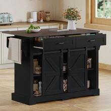 Kitchen Island With Fold-Down Worktop, Kitchen Trolley On Casters, Kitchen Unit With 2 Sliding Doors And 2 Drawers, Barn Style, White, Kitchen Storage Unit, 120 * 45 (70) * 91 Cm - 黑色 - 查看 8