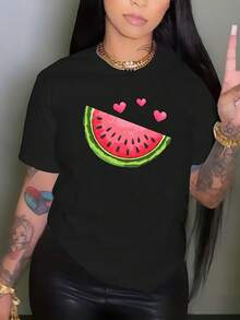 Tallas Grandes, Camisetas Estampadas de Sandía para Mujer de Tallas Grandes, Tops Casuales de Manga Corta con Cuello Redondo para Primavera y Verano, Ropa de Tallas Grandes para Mujer, Ropa de Moda - Negro - Ver 2