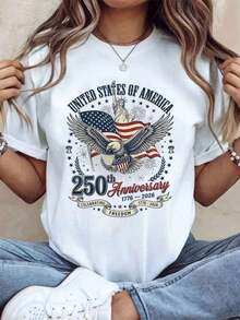Eagle And Flag Design T-Shirt To Celebrate The 250th Anniversary Of The Independence Of The United States Of America (1776-2026), Patriotic Gift For Independence Day, 220g - 白色 - 查看 7