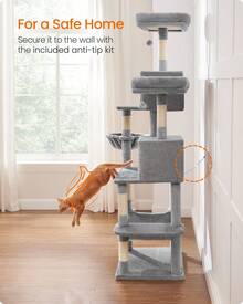 FEANDREA Árbol Rascador de Varios Niveles, Árbol para Gatos Alto con Postes de Sisal, Cueva Grande y Hamaca, Beige - Gris - Ver 9