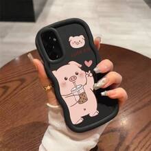 适用于 Galaxy A34/A35/A36/A54/A55/A56/M13 4G/M14 4G/M23/F13 4G/F14 4G/F23/S23 FE/S25/S25 Plus，可爱卡通奶茶小猪图案防震耐用 TPU 软手机壳 - 黑色 - 查看 2
