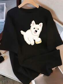 Camiseta manga corta cuello redondo 100% algodón, estampado trendy, tejido ligero y ventilado, estilo moda casual, apta para vida diaria, salidas informales y citas en primavera, verano y otoño - Negro - Ver 6