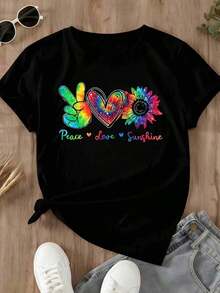 Camiseta de Manga Corta para Mujer Talla con Estampado Tie-Dye de Paz, Amor y Sol, Diseño de Corazón y Girasol, Estilo Casual para Playa y Uso Diario - Camiseta Unisex de Algodón Suelto con Cuello Redondo y Manga Corta, Estilo Vintage Urbano - Negro - Ver 2