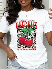 Camiseta de Cuello Redondo para Mujer Summer Vibes con Estampado de Cerezas y Leopardo, Cerezas Seleccionadas a Mano, Camiseta Gráfica de Calidad Premium, Atuendo Casual para Uso Diario - Estilo Urbano Vintage, Camiseta Unisex de Algodón Holgada de Manga Corta y Cuello Redondo - Blanco - Ver 6