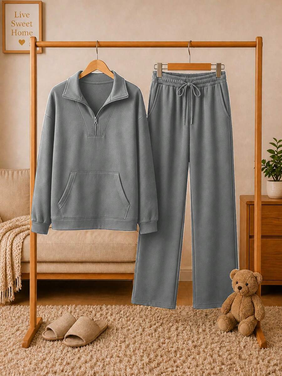 Ladies Half Zip Pullover + Wide Leg Trousers Set Casual Suelto y Cómodo - Verde militar - Ver 1