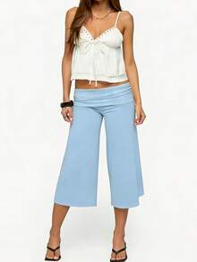 Y2K Fold-Over Waist Wide Leg Cropped Culottes, Low-Rise Casual Knit Pants For Women, Multi-Color Options - Blue - View 6