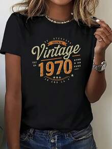 Women's Vintage T-Shirt With 70s Graphic Print - Retro "Aged To Perfection" Design, Soft And Breathable, Short Sleeve, Round Neck, Casual Style For Summer And Spring, Machine Washable, Women's T-Shirts, Spring Fashion T-Shirt, Nostalgic Fashion, Comfortable Fit T-Shirt, Suitable For Spring, Summer And Autumn. - 黑色 - 查看 7