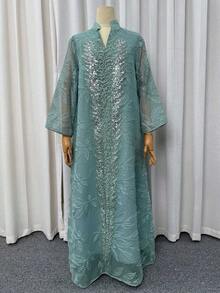 女款亮片刺繡V領長袖A字洋裝，優雅派對婚禮穆斯林女裝，秋季適用 - 綠色 - 查看 6