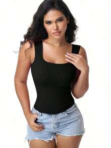 Women's Built-In Bra Tank Top Ribbed Slim Fit Wire Shelf Padded Tank Shirts Wide-Strap Square Neck Undershirt - Black - View 4