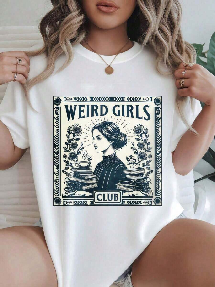 Women's Vintage Style Short Sleeve Casual T-Shirt - Weird Girls Club, Vintage Book And Flower Print, Crew Neck, Summer Top, Machine Washable, Women's T-Shirts, Casual Wear, Modern Style, Comfortable Fit
-WhiteFashion - 白色 - 查看 1