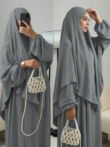 3件組 Khimar+Abaya 柔軟穆斯林祈禱服裝，長款 Abaya 配搭同色系頭巾，休閒外出必備時尚單品 (頭巾+洋裝+腰帶) 祈禱吉爾巴布 - 彩色 - 查看 35