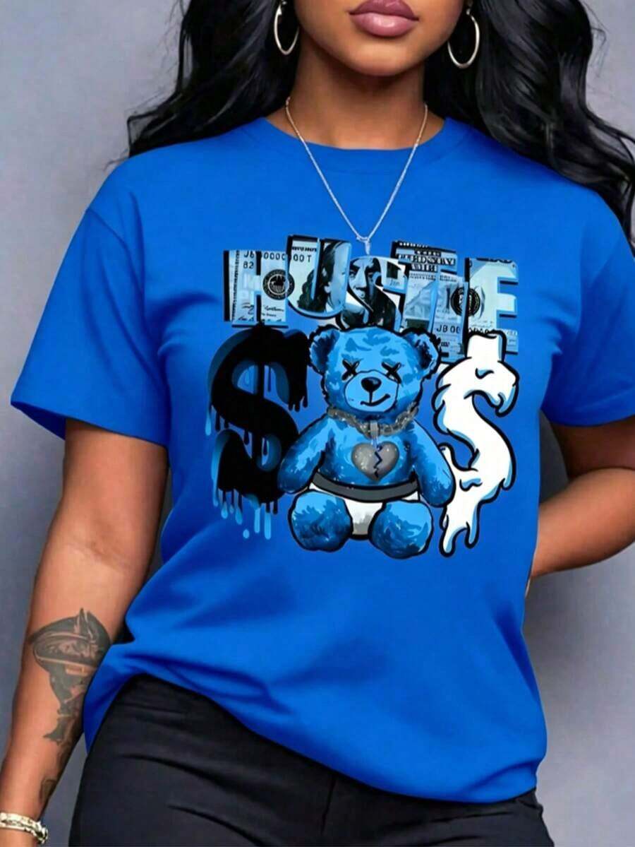 1 Piece Casual Fashion For Men And Women Spring Clothes Women Light Blue Bear Pattern Printed T-Shirt - Short Sleeve Round Neck Casual Top With Effort Slogan And Dollar Sign Design, Machine Washable Suitable For All Seasons, Comfortable Loose Fit And Comfortable Summer Versatile Style, Easy To Match, Suitable For Daily Wear, Urban Style, Holiday Outfits, Weekend Outfits. - 藍色 - 查看 1