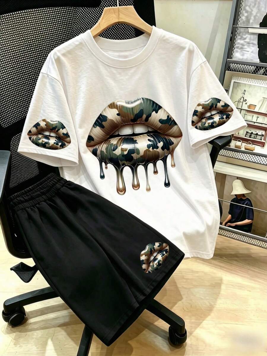 迷彩唇印圖案T恤與短褲套裝,大尺碼女款夏季休閒兩件式優雅套裝 - 彩色 - 查看 1