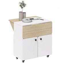 Mesa/armario plegable con dos laterales plegables, compartimento de almacenamiento, 4 ruedas, blanco + madera natural, 70 x 83 x 75 cm - Blanco - Ver 9